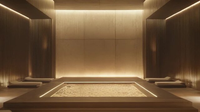 Luxury wellness center featuring a minimalist design, warm ambient lighting, and several lounge chairs surrounding an indoor pool, creating a tranquil atmosphere for relaxation