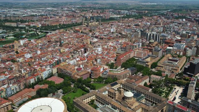An Aerial panoramic view of the old town of the city  Saragossa on a sunny summer noon in France.