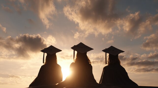 Silhouettes of graduate students in caps and gowns at sunset. Back view of classmates celebrating academic achievement. University graduation ceremony with golden sky background