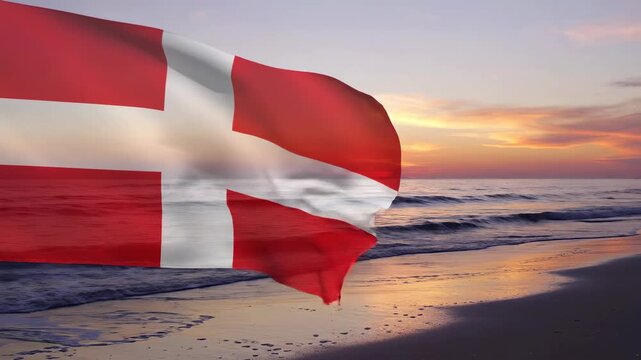 Danish Flag Waving at Sunset Over Beach - Denmark, Travel, Scenery