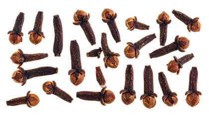 Close-up of numerous brown whole cloves, some with flower buds visible, scattered against a black background
