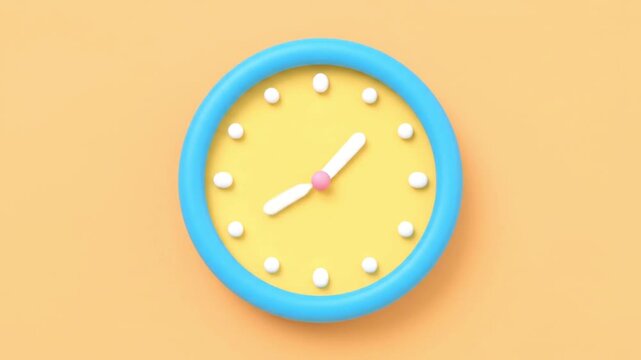 Cartoon-style clock featuring a blue frame and yellow face, with white hands actively indicating time passing continuously on a vibrant orange background animation.