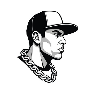 Monochrome portrait of a stylish man wearing a chain necklace and cap Vector