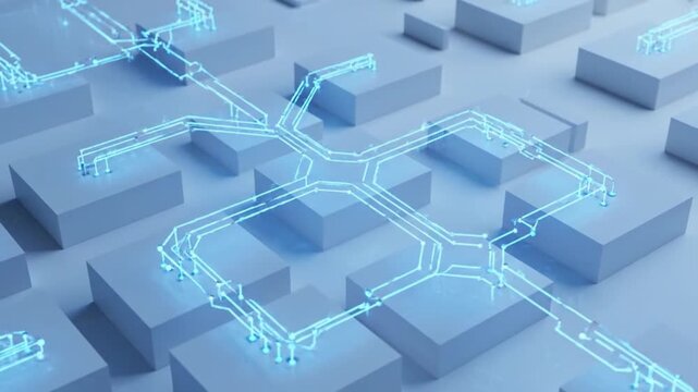 Glowing blue network pathways connect abstract cube modules in a sophisticated digital system structure
