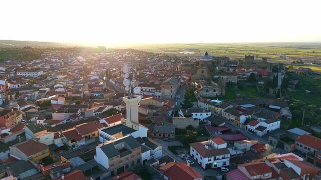 Aerial images of Oropesa in the province of Toledo, during sunset on a clear day, 1-inch sensor, 4k 30fps