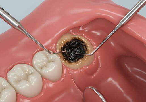 Close up dental procedure showing decayed tooth being treated with instruments
