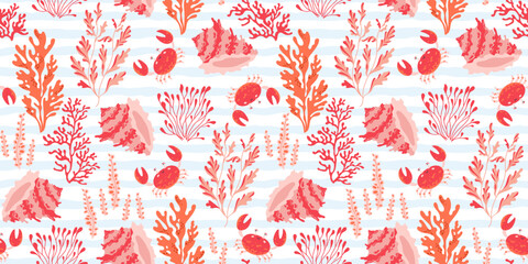 Seamless coral reef pattern with red corals, shells and small crabs on striped ocean background. Coastal marine vector illustration in flat vector style for textile, wallpaper, packaging, summer decor © Катерина Фирсова