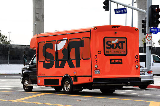 Los Angeles, California &ndash; November 20, 2025: SIXT shuttle bus transporting passengers from LAX Los Angeles International Airport to rental car location