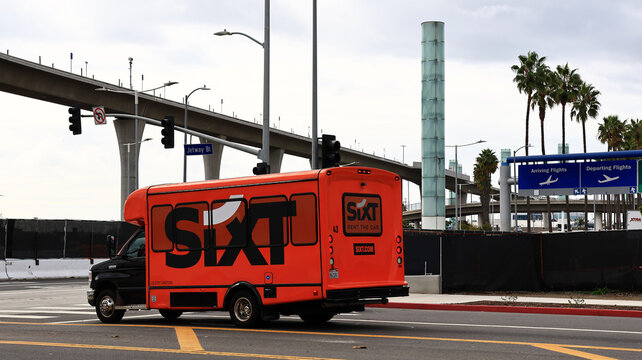 Los Angeles, California &ndash; November 20, 2025: SIXT shuttle bus transporting passengers from LAX Los Angeles International Airport to rental car location