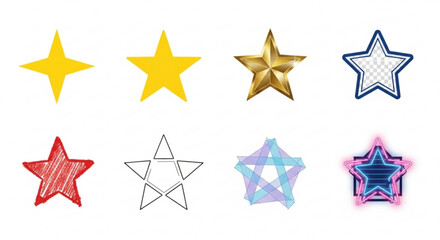 Obraz premium Eight star shapes in various colors and styles on white background for design and decoration