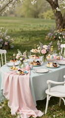 Obraz premium Pastel garden tea party setup with floral table arrangement