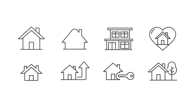 Set of simple black line house icons on white background including various home and real estate symbols like keys and hearts
