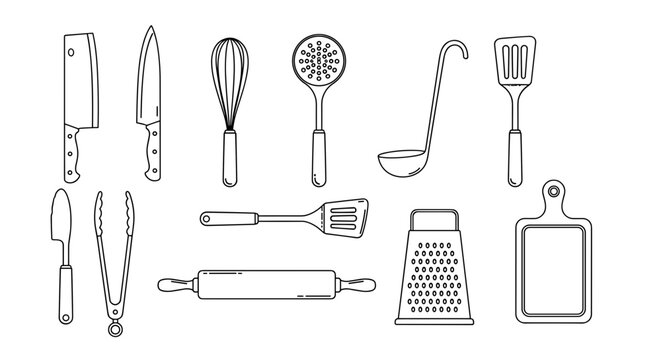 Kitchen Utensils Collection Line Art Illustration.