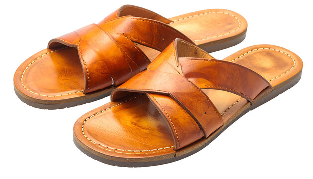 Close-up studio shot of two brown leather sandals with criss-cross straps, sitting on a transparent background