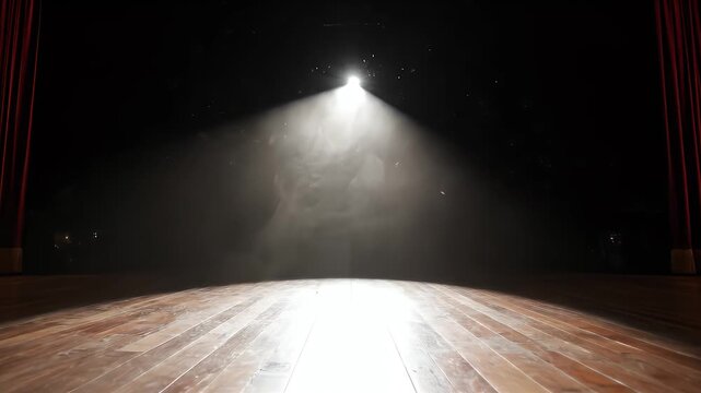 A theatre stage, spotlighted, dark background, red curtains, wooden floor
