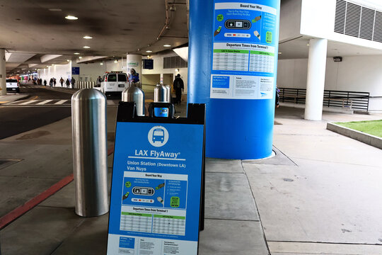 Los Angeles, California &ndash; November 20, 2025: LAX FlyAway bus stop for Union Station and Van Nuys routes at Los Angeles International Airport