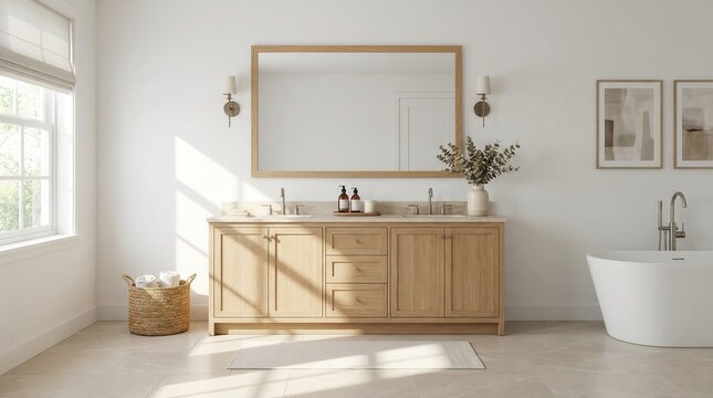 Sunlit Bathroom with Freestanding Tub and Light Wood Vanity