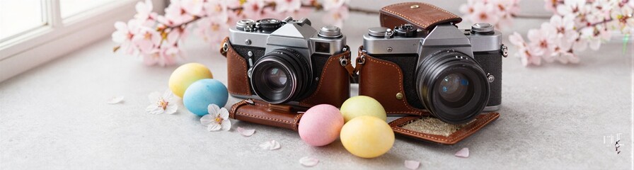 Vintage cameras positioned with eggs and blossoms on tabletop