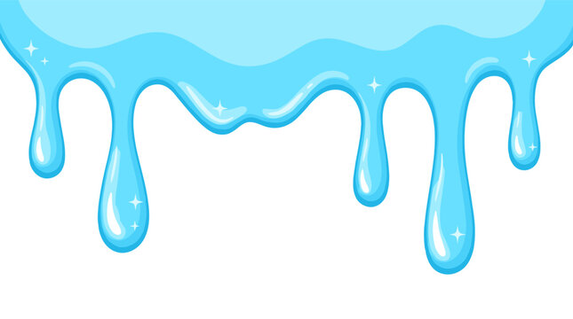 Blue slime dripping border, glossy liquid water drops, melting paint splash vector illustration on transparent background
