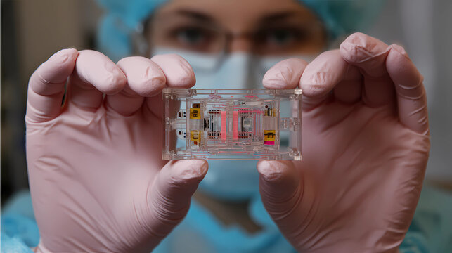 Innovative medical research featuring organ on a chip technology in hands, Generative AI illustrations.