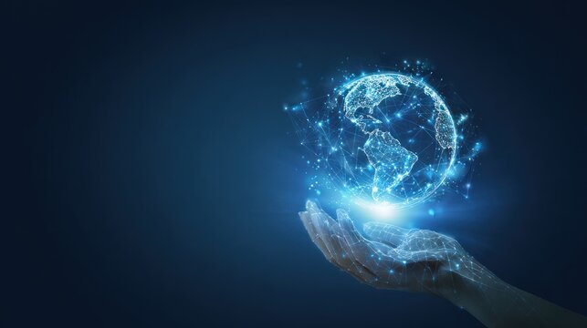 A hand holding a glowing digital representation of Earth against a dark blue background
