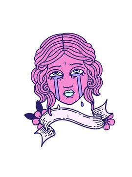 attention grabbing animation of traditional tattoo with banner of female face crying