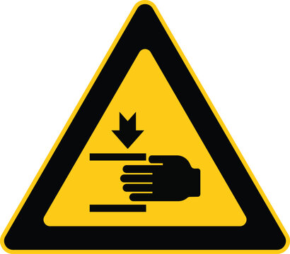 Crush Hazard Warning Sign &ndash; Yellow Triangle Hand Compression Symbol