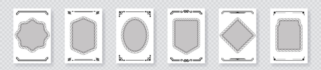 Set of vintage cards with rope frames in various geometric shapes. Decorative and invitation design © Angela Ksen