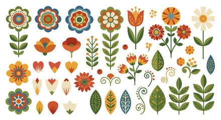 Folk floral vector illustration set, scandinavian style botanical design elements, colorful nordic flowers and leaves on transparent background © Yurii