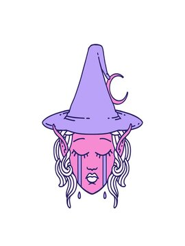 stretching up animation of Retro Tattoo Style crying elf mage character face