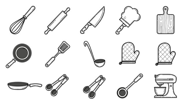 Collection of Black and White Kitchen Utensils.