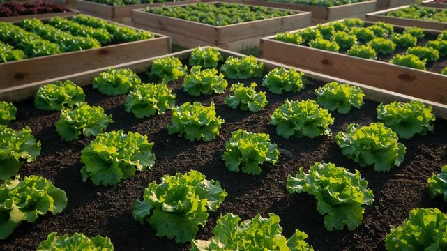 Vibrant green lettuce cultivated in neat raised garden beds