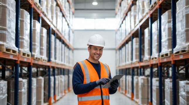 Warehouse worker checking inventory on tablet in storage aisle