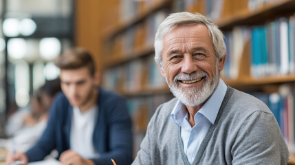 Fototapeta premium Happy senior employee smiling in library showing appreciation on national employee appreciation day with books and colleagues in background