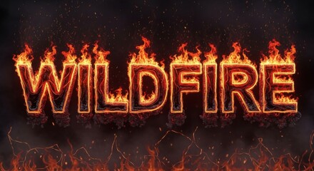 Fiery Wildfire Text Illustration Against a Dark Background.