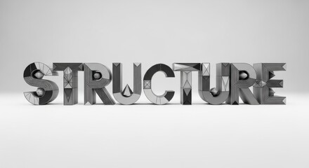 Monochrome image of the word structure, metallic letters on white background.