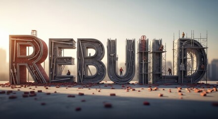 Rebuild Word Art Construction Site Concept with City Background.