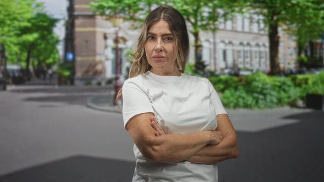 Woman in white t shirt with crossed arms showing forearms and steady gaze standing before a building with trees and plaza paving; confidence.