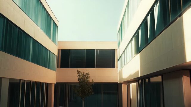 Minimalist courtyard space featuring contemporary architecture, glass facades reflecting daylight, and a solitary tree, offering a serene outdoor environment within a commercial complex