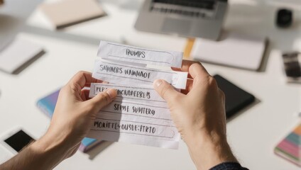 Hands holding a document with a list of items on a desk with a laptop and notebooks.