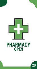 Obraz premium A Green Pharmacy Cross Symbolizing Health and Availability with a Simple Open Pharmacy Sign