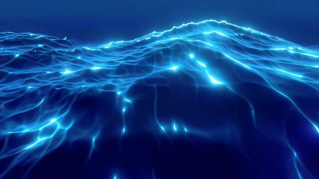 Bright blue ocean waves with glowing light reflections and electric energy patterns creating a mesmerizing underwater visual experience in a serene aquatic environment
