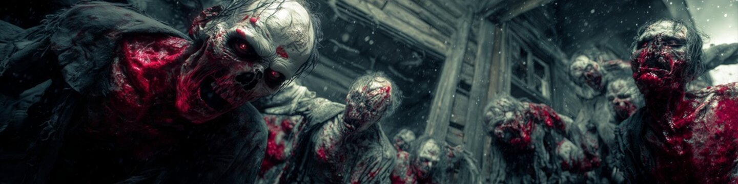 Zombies lurch forward in a decaying building, bloodied and menacing&mdash;gritty and terrifying. The horde conveys post-apocalyptic dread and relentless horror.