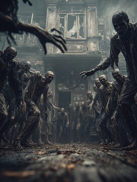 Zombies lurch forward in a ruined house, arms outstretched gritty and terrifying. The scene captures post-apocalyptic horror, chaos, and relentless dread.