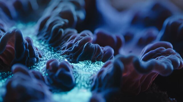 Colorful coral reef structure with intricate textures and glowing blue highlights, showcasing the vibrant underwater ecosystem in a marine environment
