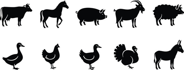 Collection of black silhouettes representing various common domestic farm animals on a white background. © Shahedul