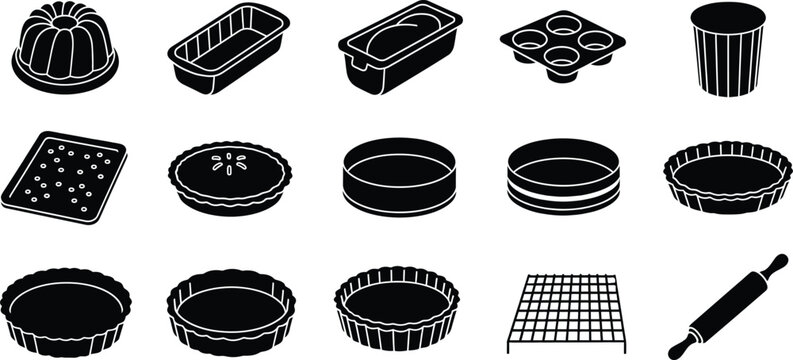 Collection of various baking equipment icons including cake pans, rolling pin, and cooling rack.