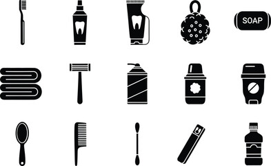Obraz premium Collection of black and white personal hygiene and bathroom accessory icons on a white background