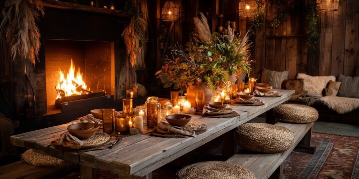 Celebration table by fireplace with rustic wood and woven textures. Warm glow and seasonal decor create an intimate winter setting.