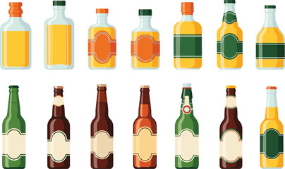 Alcohol bottles collection with whiskey rum vodka beer and blank label packaging vector illustration set